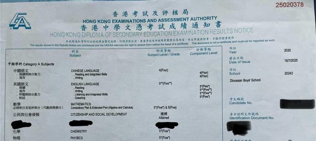2025 DSE 成績通知書(考生資料已隱去)